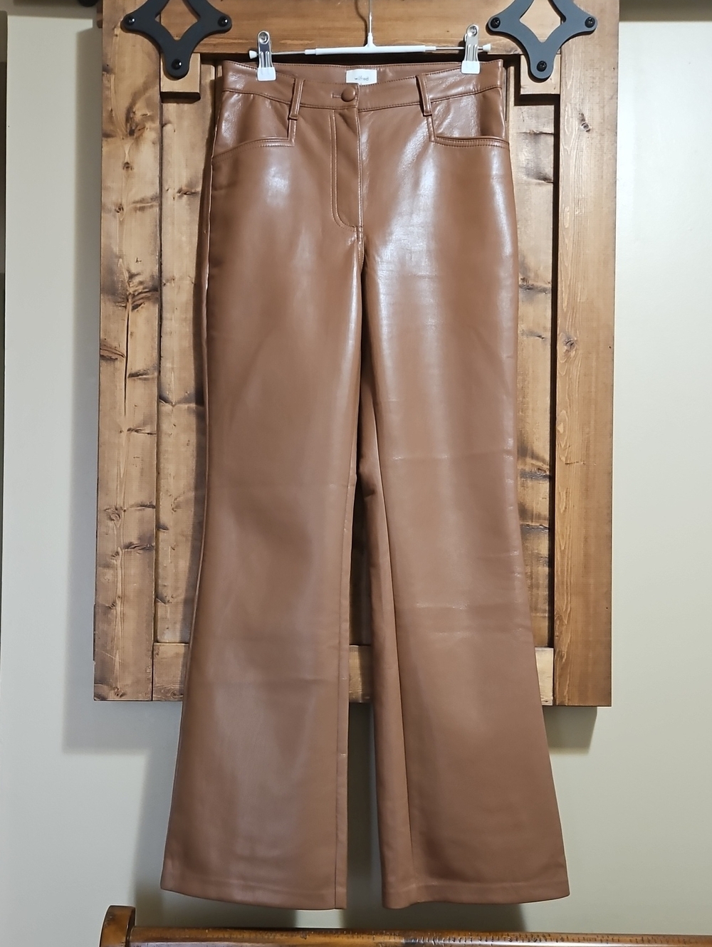 Aritzia Wilfred Beatrix Faux Leather Flare Pants 6 In Cognac Brown